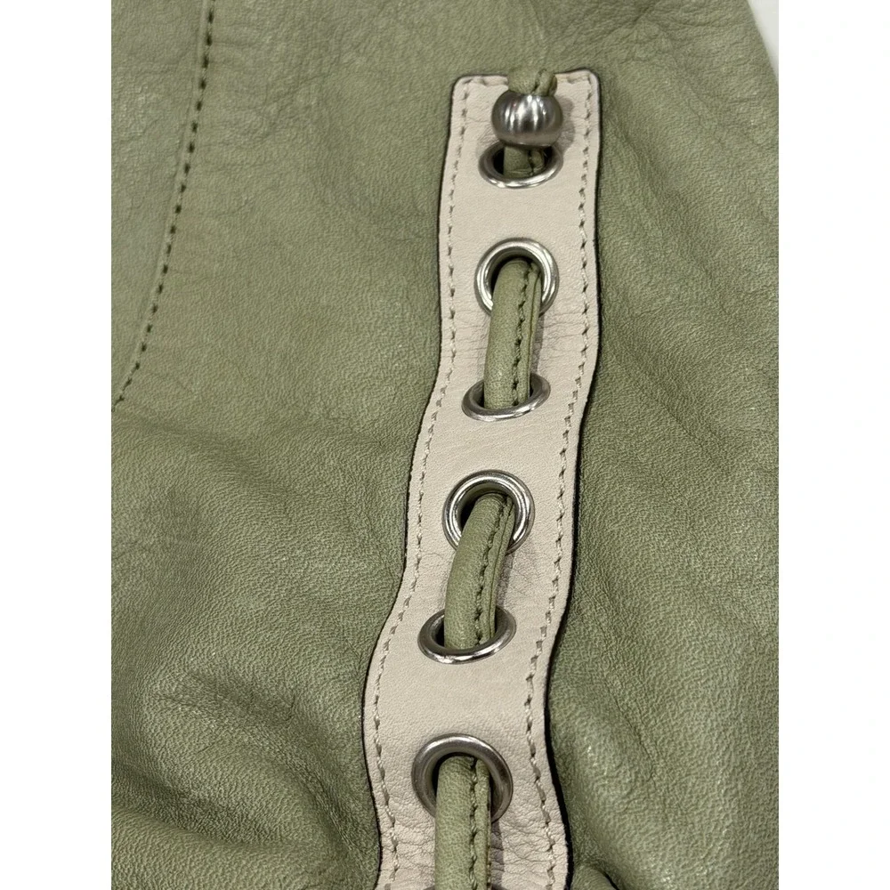 B Makowsky Leather Hobo Bag Sage Green Y2K Whipstitch Grommet Shoulder Purse